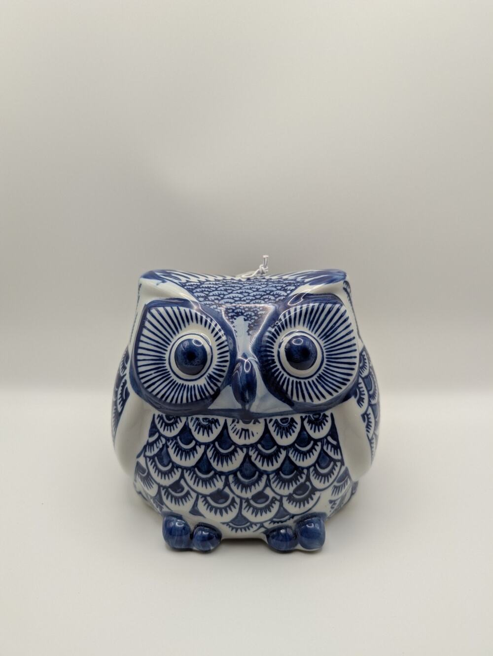 Hand Painted White and Blue Owl Figurine Ceramic Decor Chinoiserie